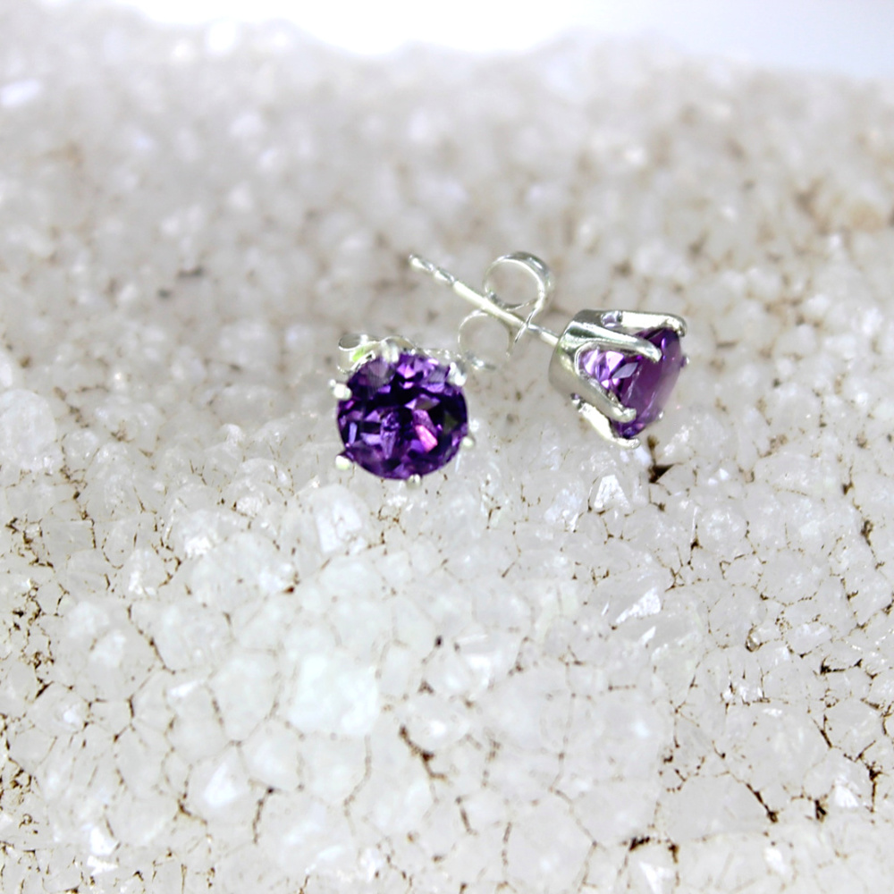 Amethyst Round Tiny Studs, Sterling Silver